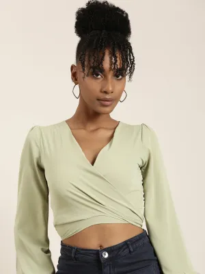 Women Sea Green Flared Sleeve Wrap Crop Top