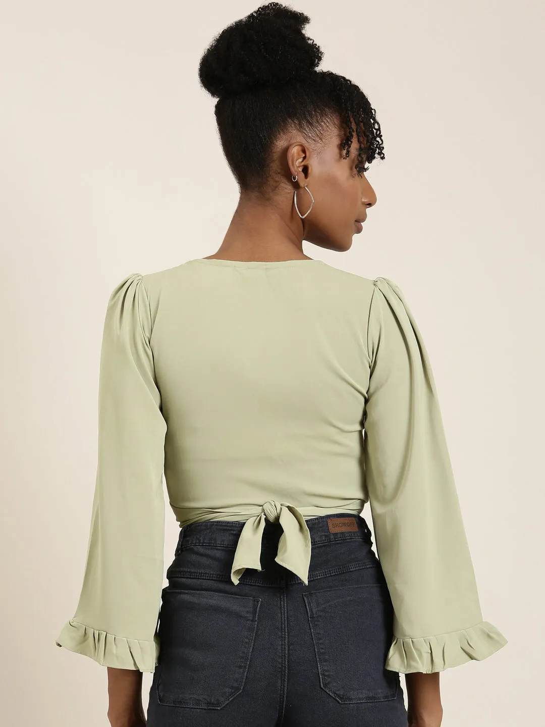 Women Sea Green Flared Sleeve Wrap Crop Top