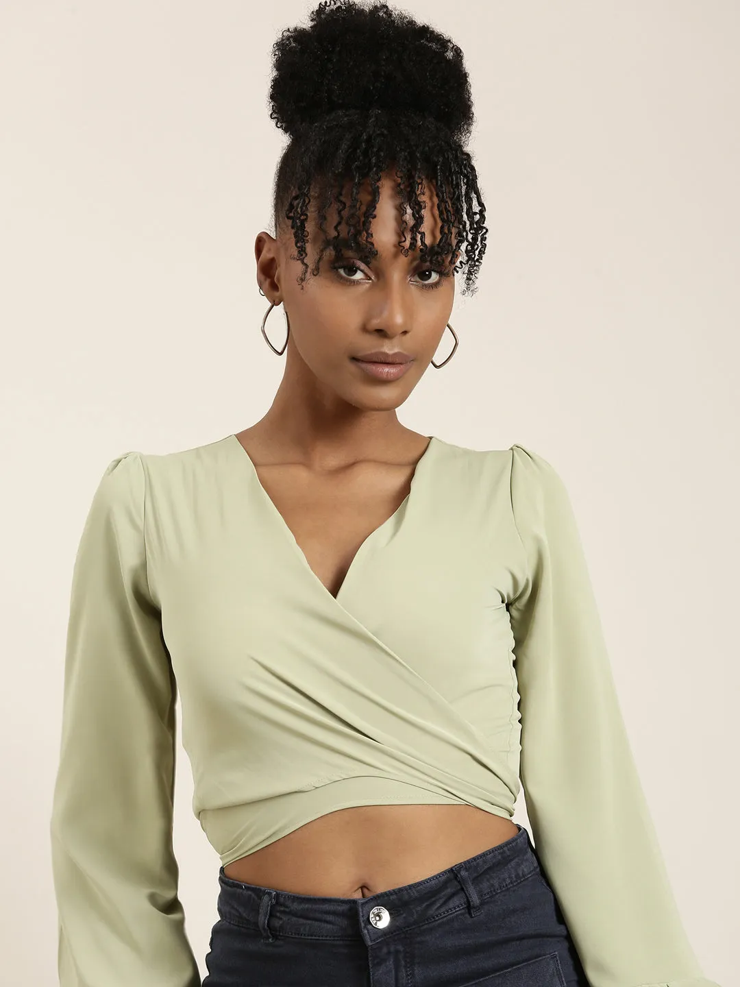 Women Sea Green Flared Sleeve Wrap Crop Top