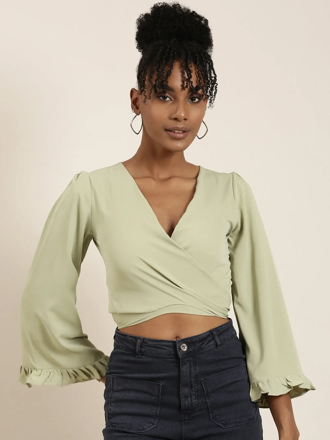 Women Sea Green Flared Sleeve Wrap Crop Top