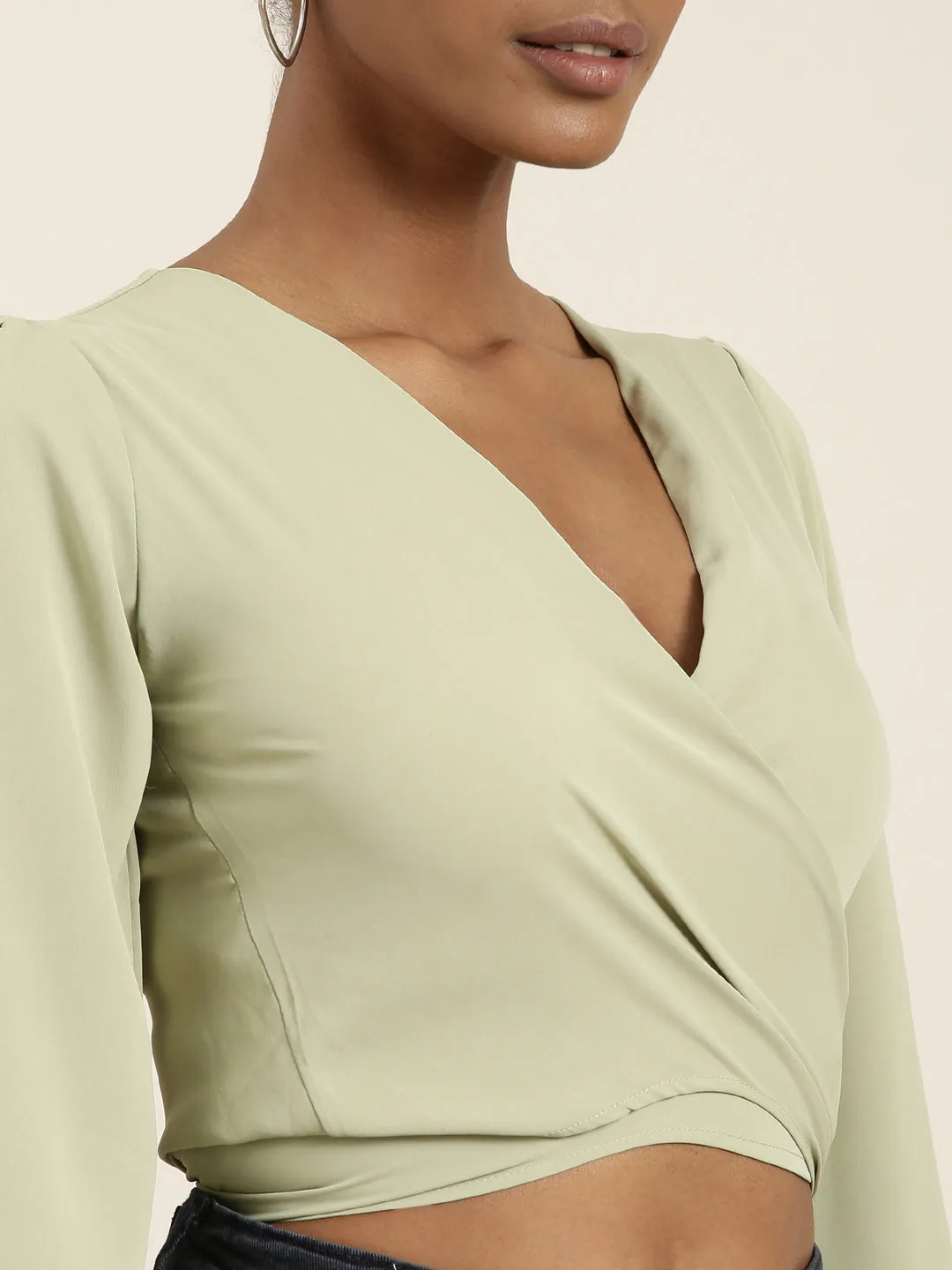 Women Sea Green Flared Sleeve Wrap Crop Top