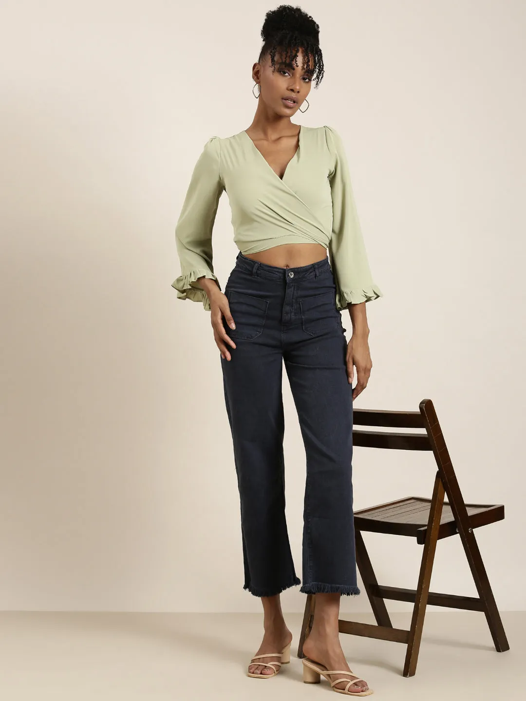 Women Sea Green Flared Sleeve Wrap Crop Top