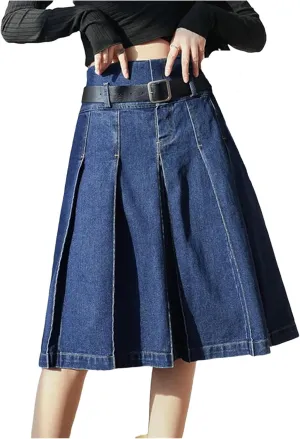Women Summer Vintage Pleated Denim Skirt High Waist Casual A-Line Knee-Length Jeans Skirt