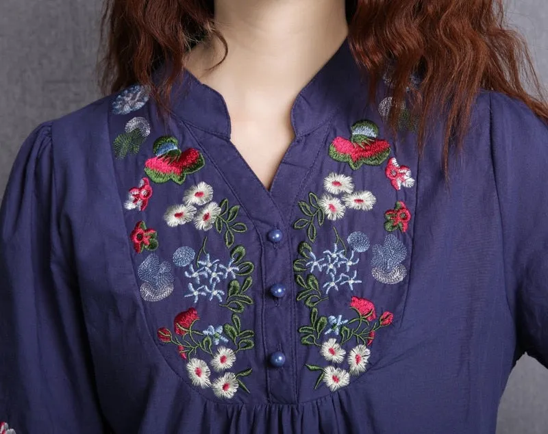 Women Vintage Floral Embroidered Boho Hippie Dress