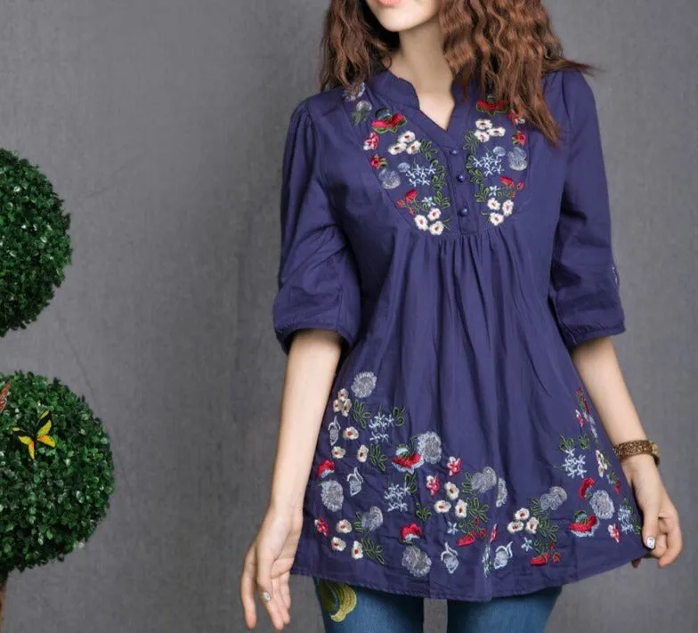 Women Vintage Floral Embroidered Boho Hippie Dress