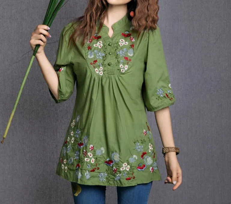 Women Vintage Floral Embroidered Boho Hippie Dress