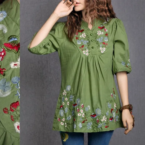 Women Vintage Floral Embroidered Boho Hippie Dress
