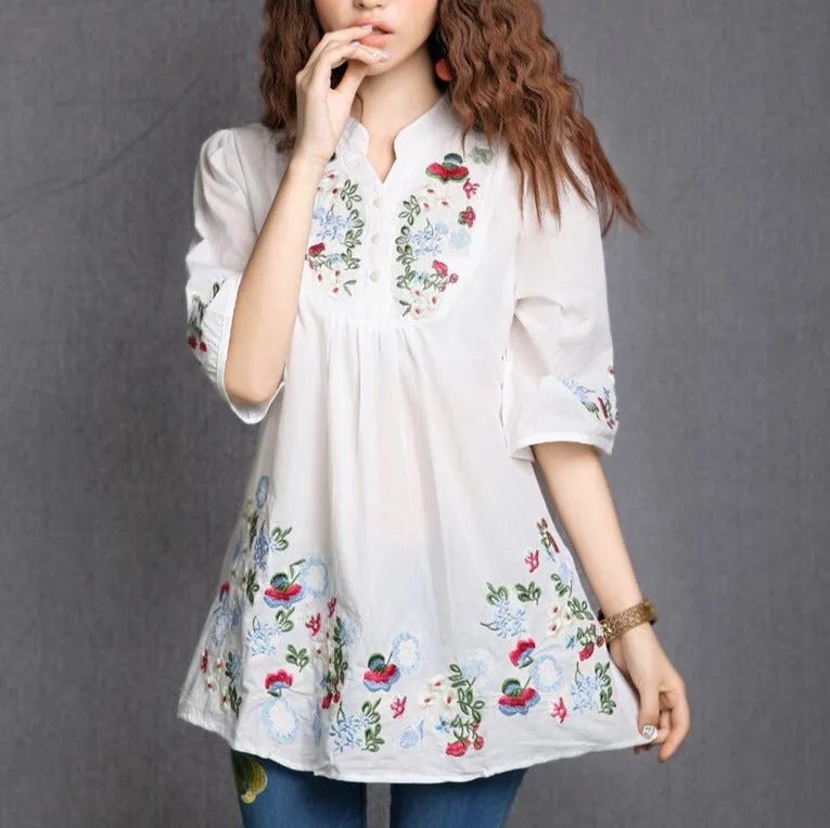 Women Vintage Floral Embroidered Boho Hippie Dress
