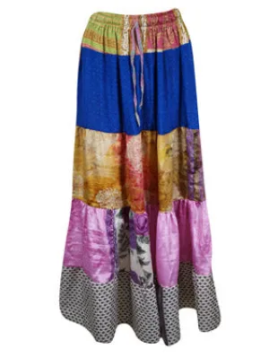 Womens Azure Blue Flared Maxi Skirt Patchwork Boho Skirts S/M/L