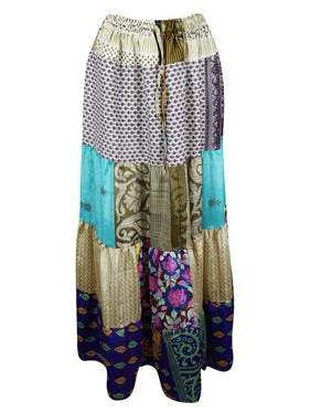 Womens Beachy Blue Maxi Skirt, Floral Patchwork Recycle Silk Skirts S/M