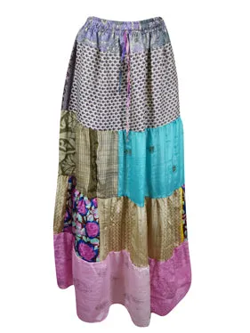 Womens Beachy Blue Pink Maxi Skirt Floral Patchwork Boho Skirts S/M
