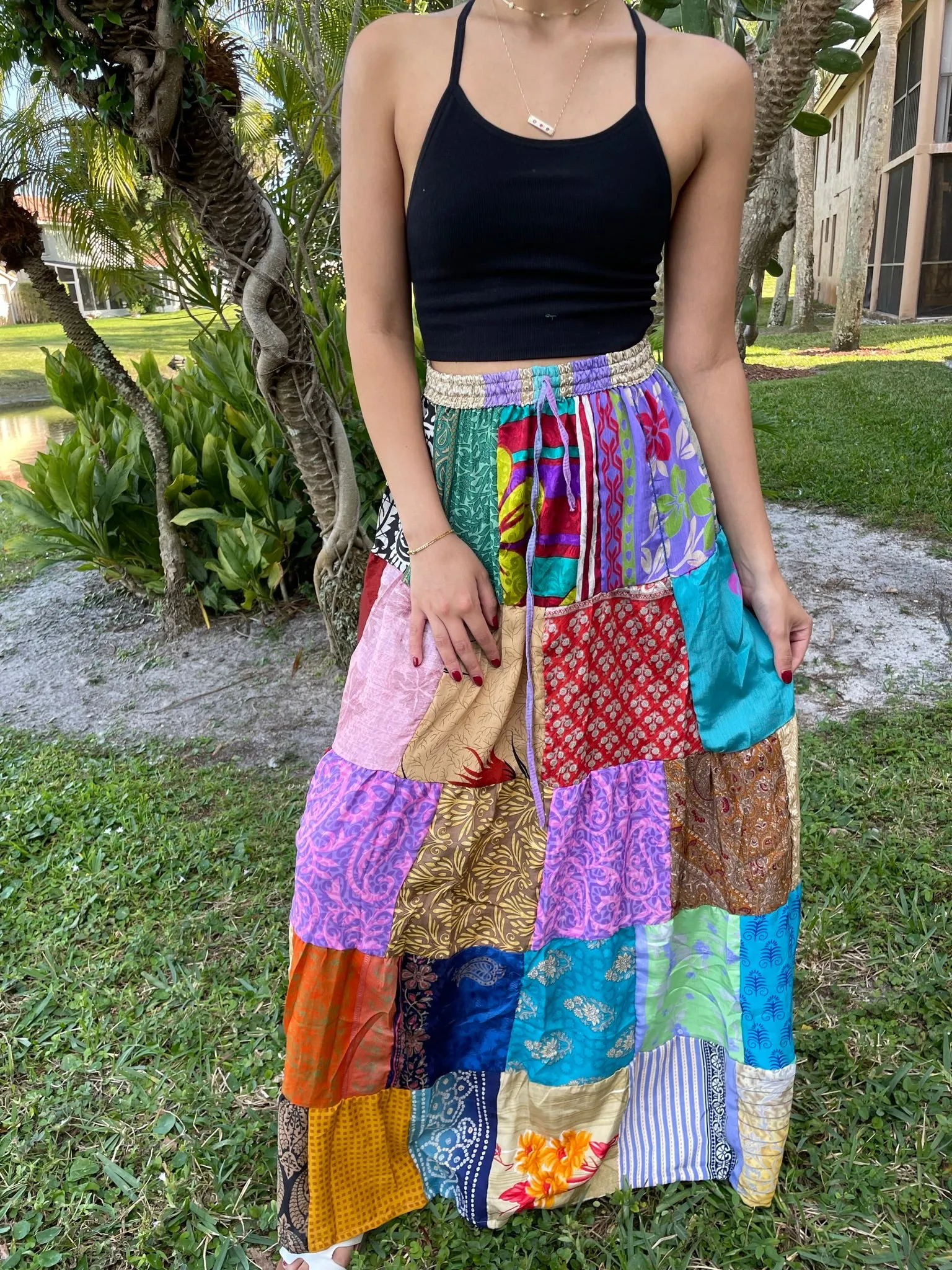Womens Boho Maxi Skirt Blue, Green Patchwork Beach cover up Skirts S/M/L