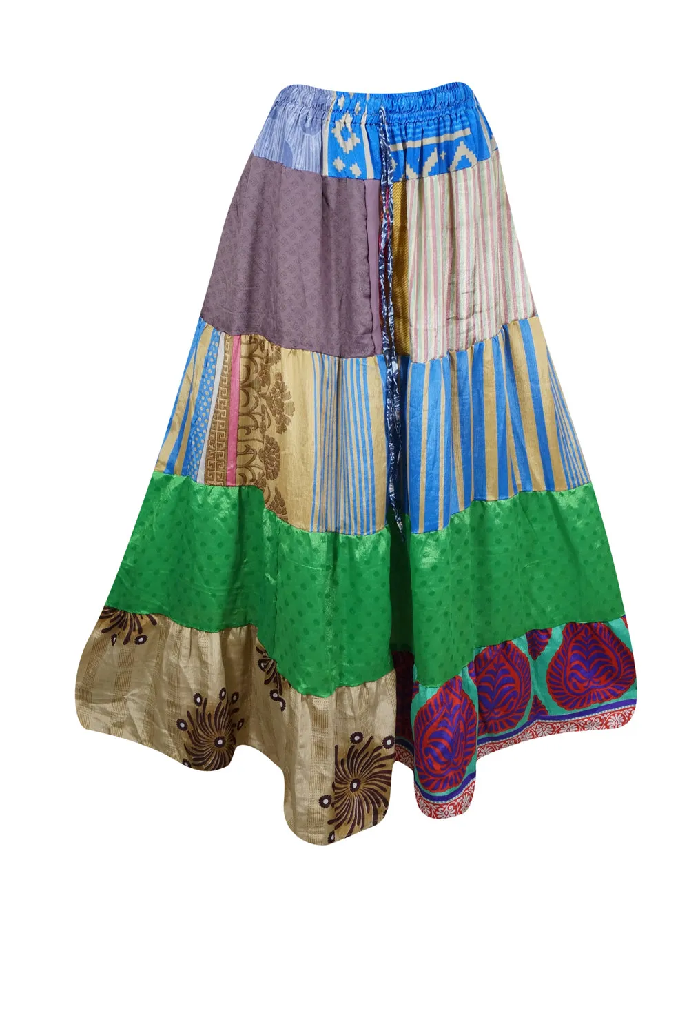 Womens Boho Maxi Skirt Blue, Green Patchwork Beach cover up Skirts S/M/L