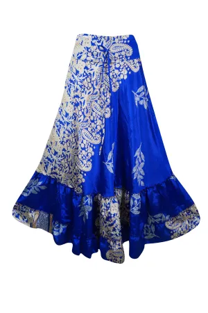 Womens Cobalt Blue Stylish Beach Maxi Skirt Tiered Ruffle Boho Skirt ML