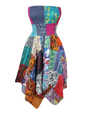 Womens Cotton Skirt, Patchwork Casual Wear, Blue Bohemian Dress S/M