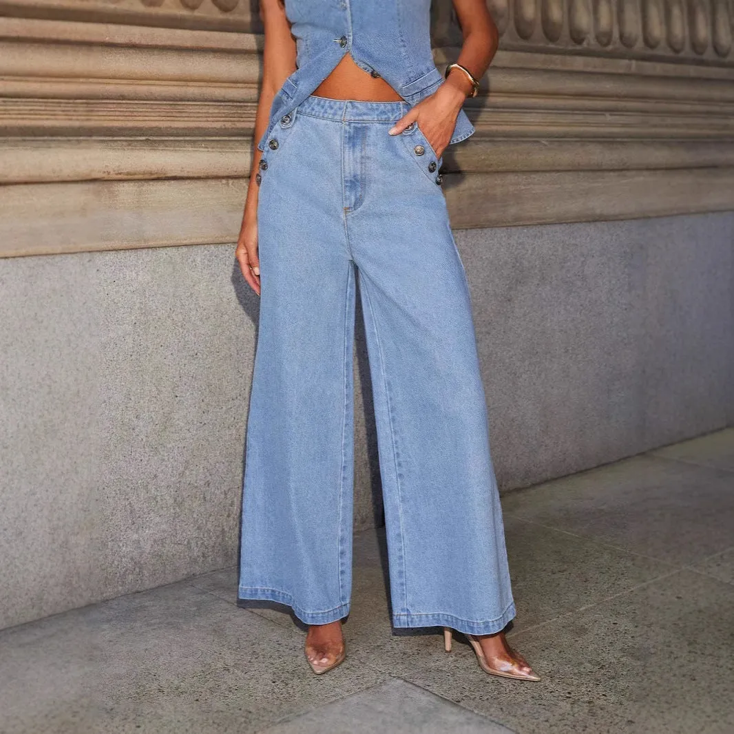 Womens Denim Vest  Tailored Fit  Button-Down  Waist-Length Structured Design