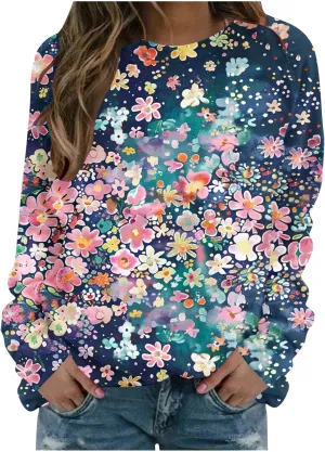 Womens Floral Shirts Long Sleeve Crewneck Sweatshirt Comfy Casual Trendy Fall Outfits Loose Fit Tunic Cute Tops