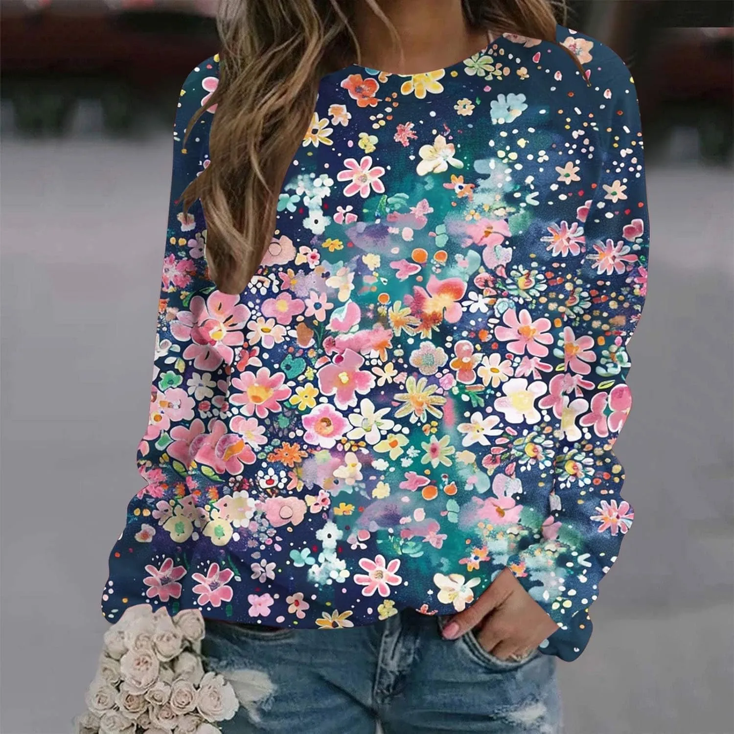 Womens Floral Shirts Long Sleeve Crewneck Sweatshirt Comfy Casual Trendy Fall Outfits Loose Fit Tunic Cute Tops