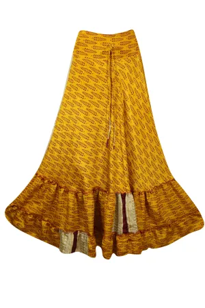 Womens Gold Yellow Floral Beach Maxi Skirt Tiered Ruffle Boho Skirt ML