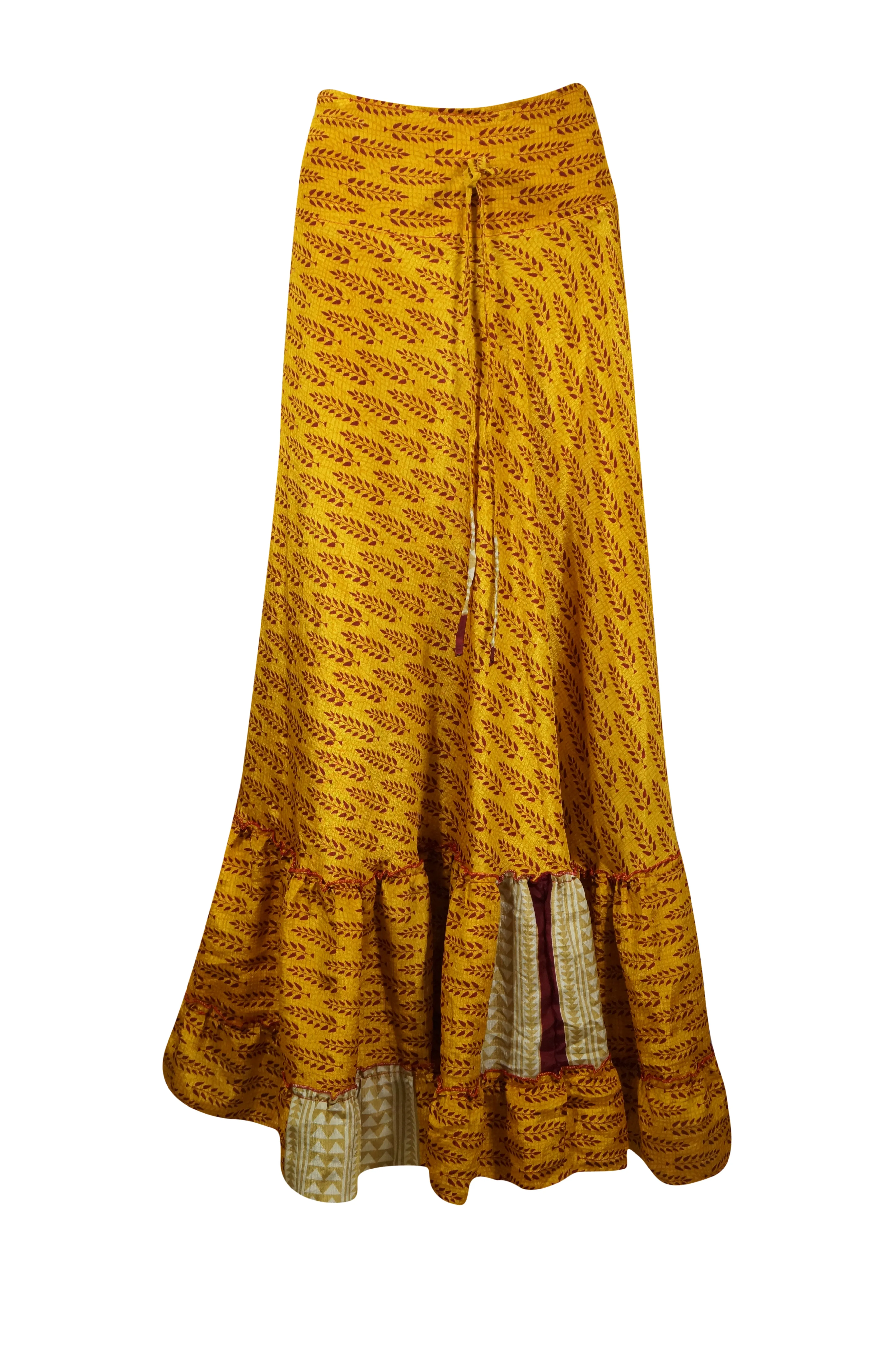 Womens Gold Yellow Floral Beach Maxi Skirt Tiered Ruffle Boho Skirt ML