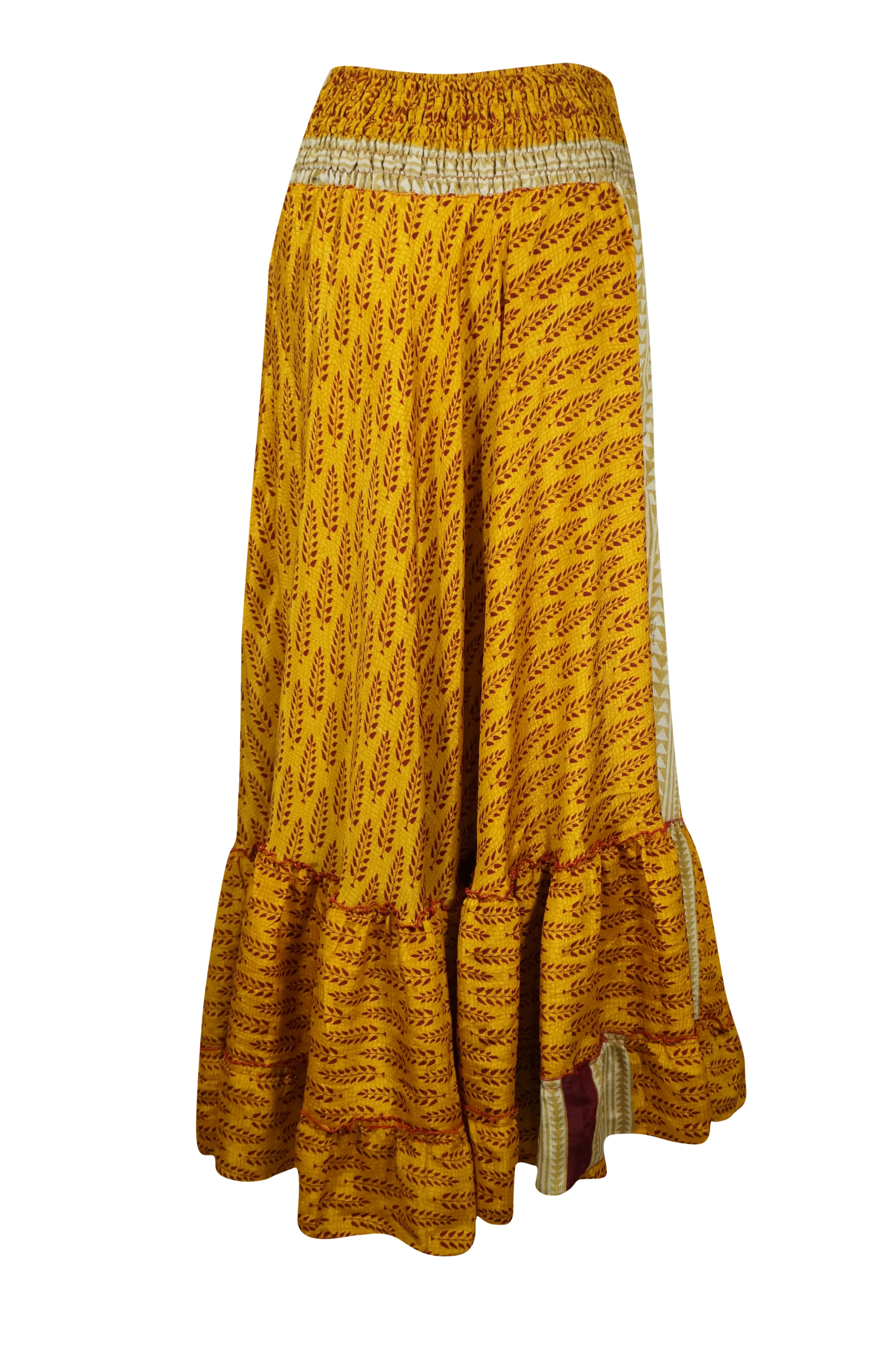 Womens Gold Yellow Floral Beach Maxi Skirt Tiered Ruffle Boho Skirt ML