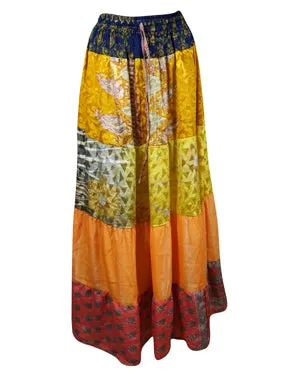Womens Gold Yellow Orange Flared Maxi Skirt Patchwork Boho Skirts S/M/L