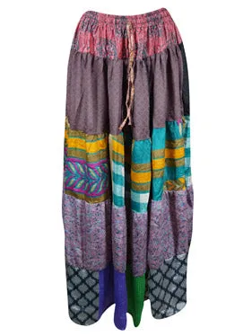 Womens Heather Purple Stylish Maxi Skirt Patchwork Silk Skirts S/M
