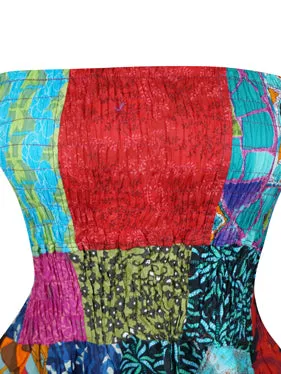 Womens Hi Low Skirt Dress, Colorful Cotton Patchwork Summer Dress S/M