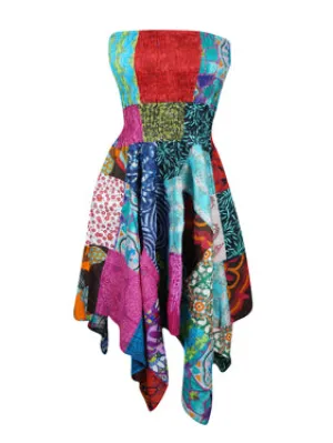 Womens Hi Low Skirt Dress, Colorful Cotton Patchwork Summer Dress S/M