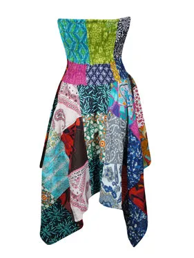 Womens Hi Low Skirt Dress, Colorful Cotton Patchwork Summer Dress S/M