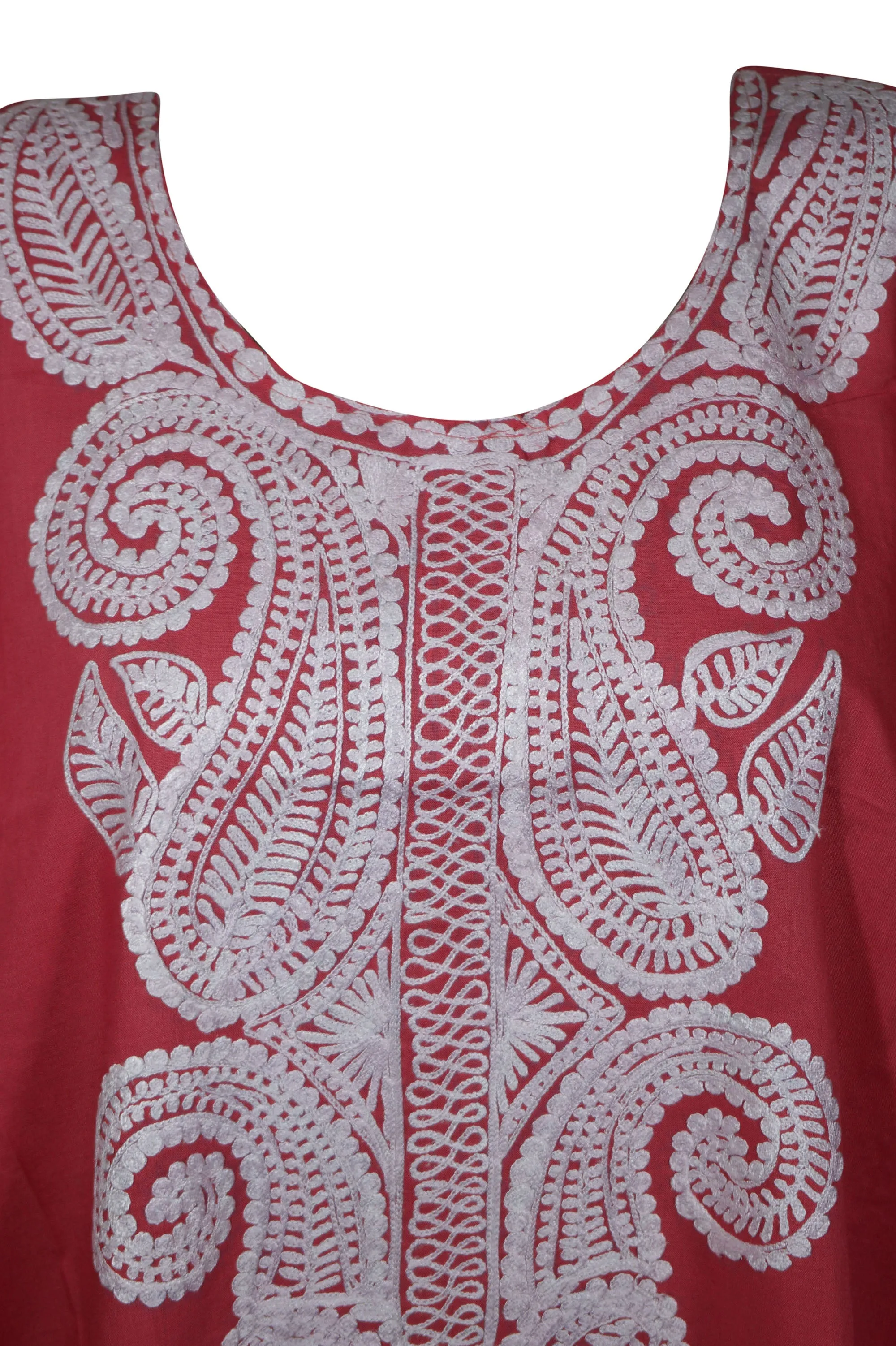 Women's Kaftan Midi Dress, Coral Pink Boho Travel Dresses, Loose Lounger, Cotton Embroidered L-4XL