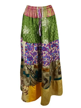 Womens Kelly Green Purple Floral Maxi Skirt Patchwork Skirts S/M