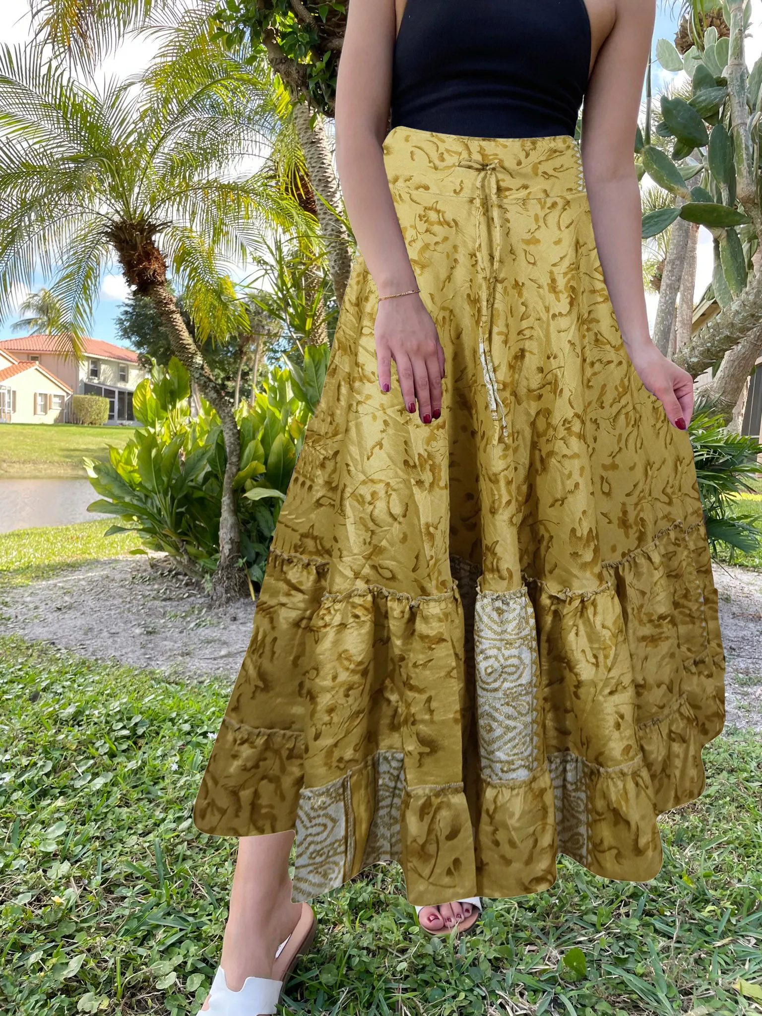 Women's Olive Green Floral Maxi Skirt Patchwork Boho Skirt Dress S/M