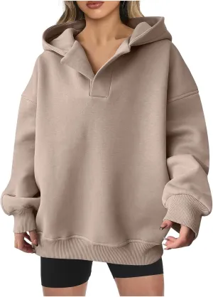 Womens Oversized Hoodies V Neck Sweatshirts Casual Oversized Long Sleeve Fleece Tops Comfy Preppy Hooded Pullovers