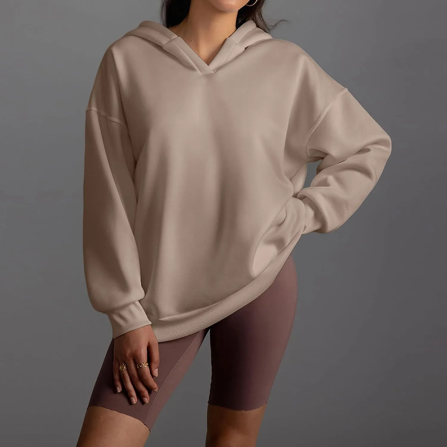 Womens Oversized Hoodies V Neck Sweatshirts Casual Oversized Long Sleeve Fleece Tops Comfy Preppy Hooded Pullovers