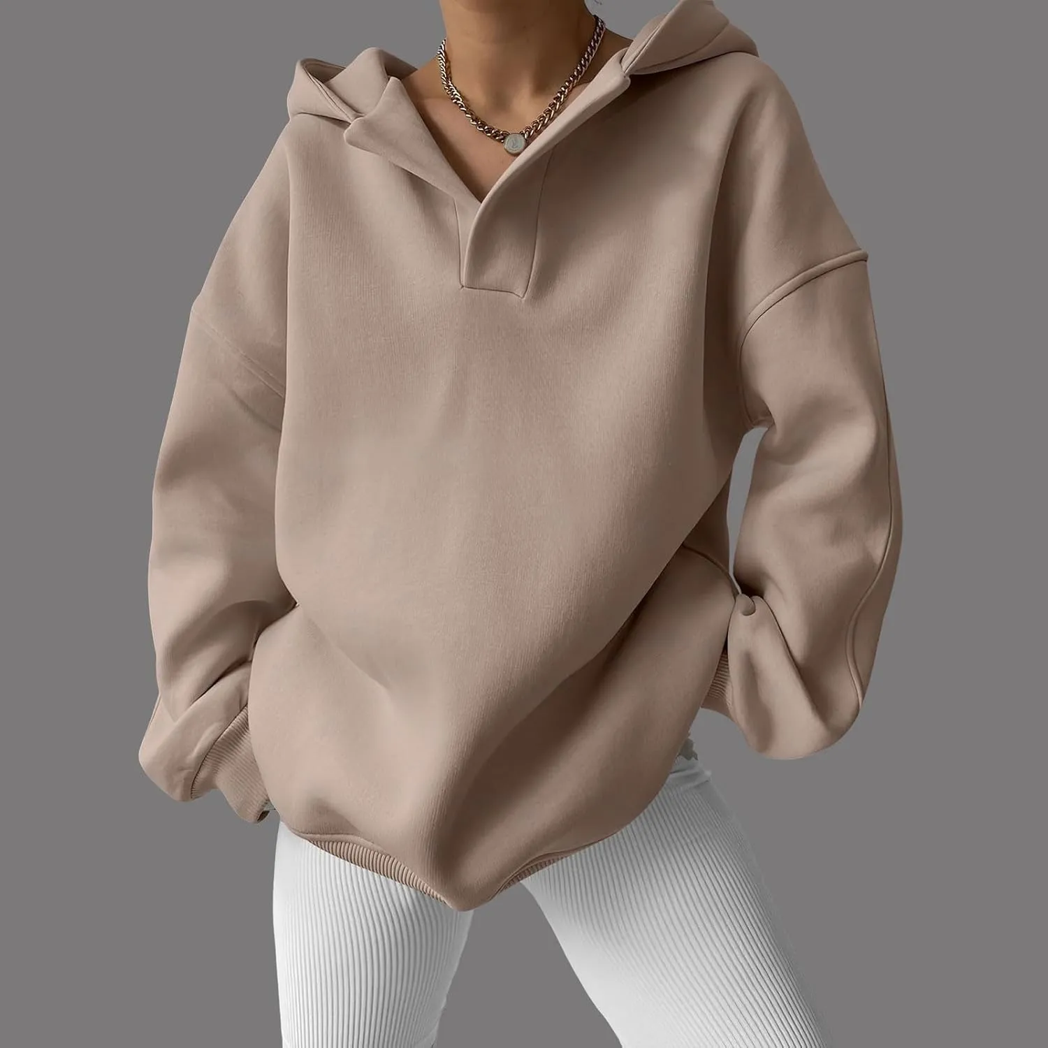 Womens Oversized Hoodies V Neck Sweatshirts Casual Oversized Long Sleeve Fleece Tops Comfy Preppy Hooded Pullovers