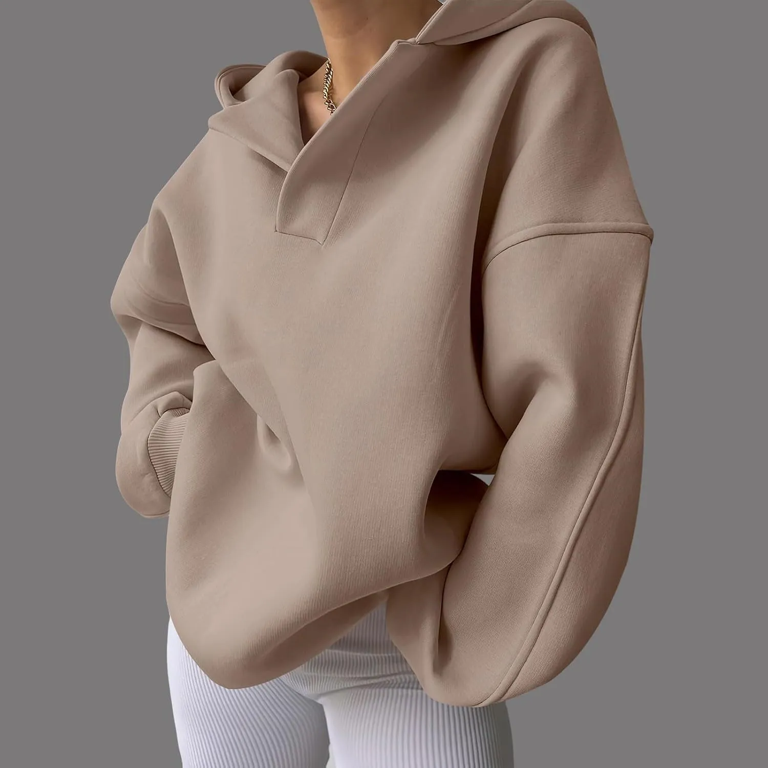 Womens Oversized Hoodies V Neck Sweatshirts Casual Oversized Long Sleeve Fleece Tops Comfy Preppy Hooded Pullovers