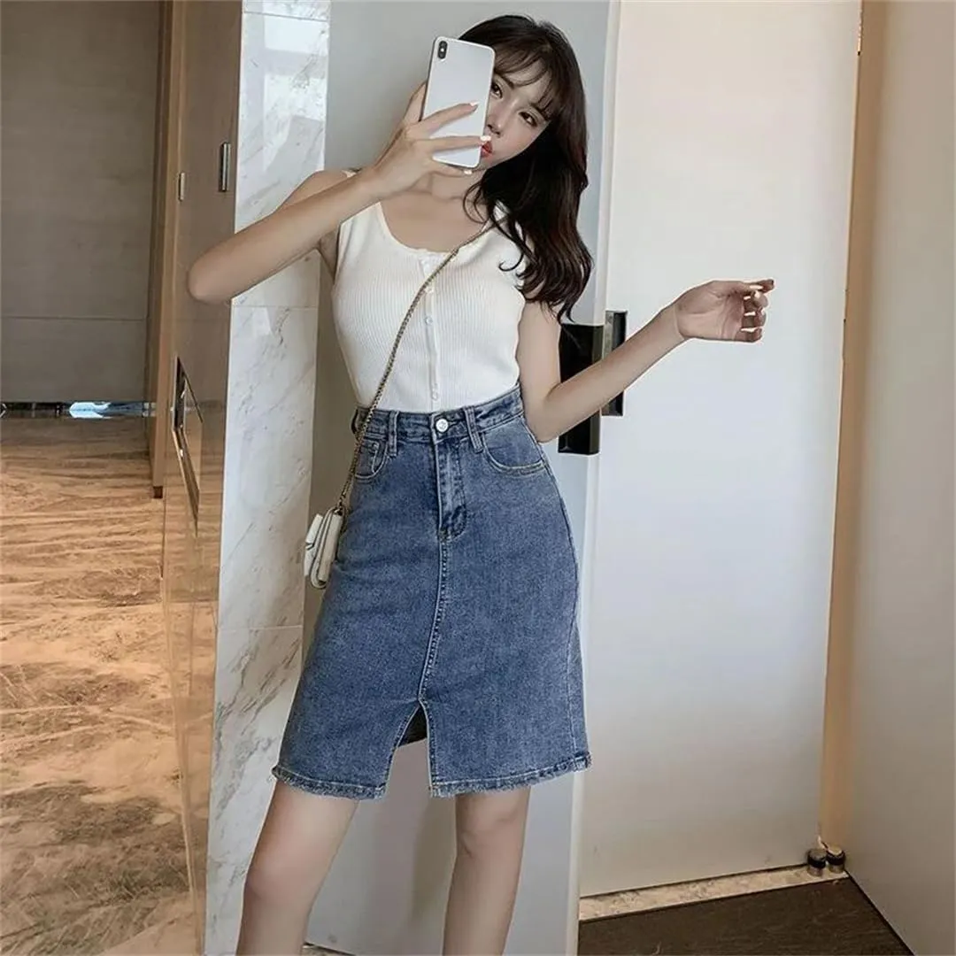 Women's Ripped Jeans Skirts Midi with Slit Denim Skirt A Line Summer V Vintage Harajuku Casual Skirt