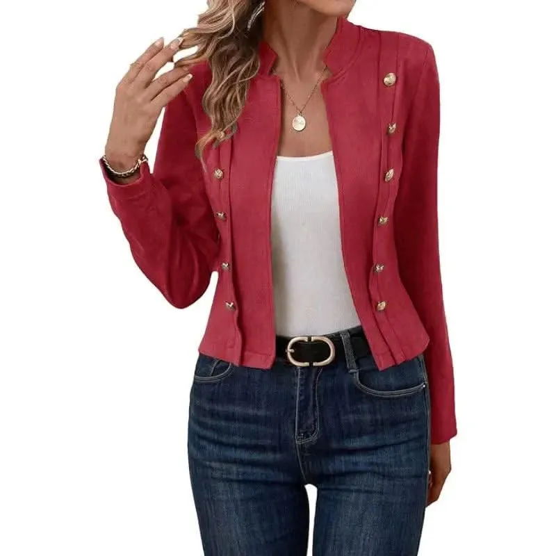 Women’s Round Neck Office Jacket – Long Sleeve Open Stitch Outerwear with Button Embellishment