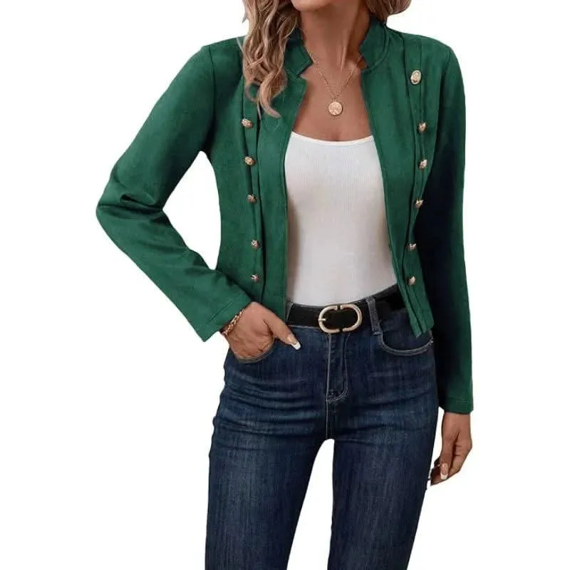 Women’s Round Neck Office Jacket – Long Sleeve Open Stitch Outerwear with Button Embellishment