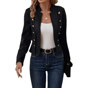 Women’s Round Neck Office Jacket – Long Sleeve Open Stitch Outerwear with Button Embellishment
