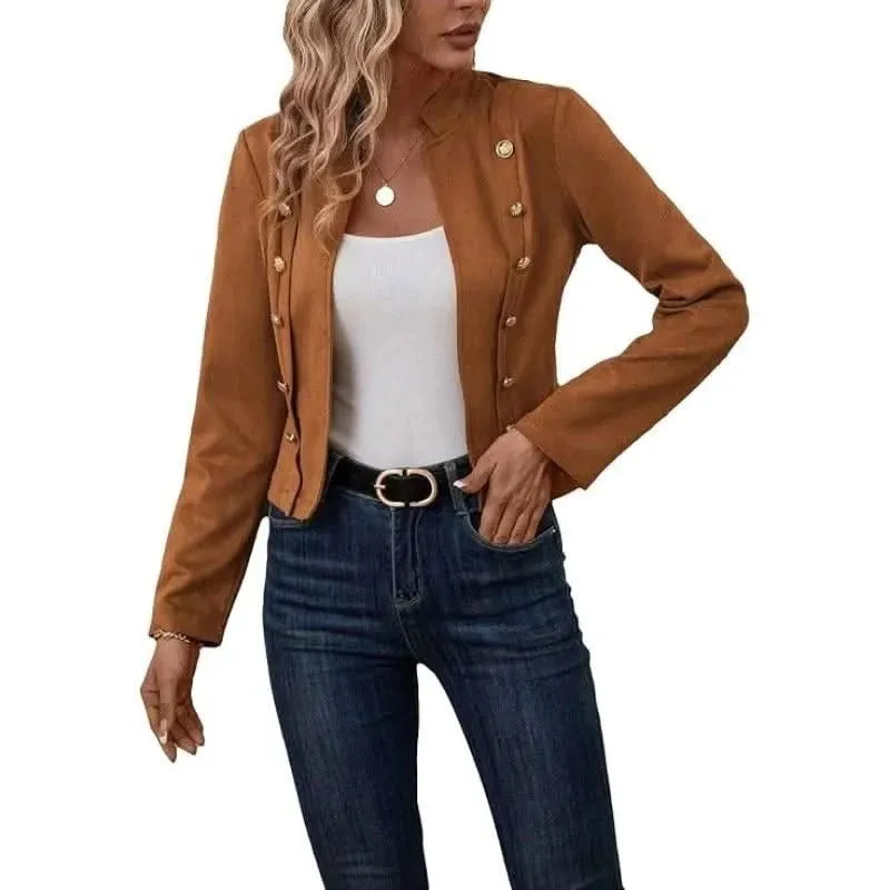 Women’s Round Neck Office Jacket – Long Sleeve Open Stitch Outerwear with Button Embellishment