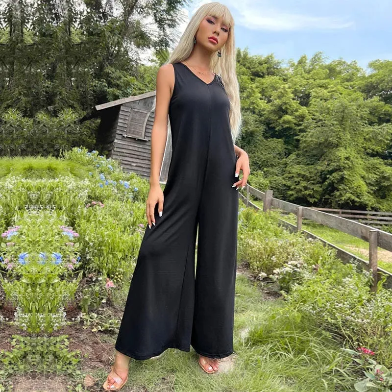 Women's Solid Color Hollow Bell bottom Jumpsuit