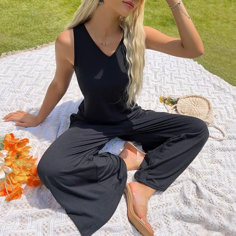 Women's Solid Color Hollow Bell bottom Jumpsuit