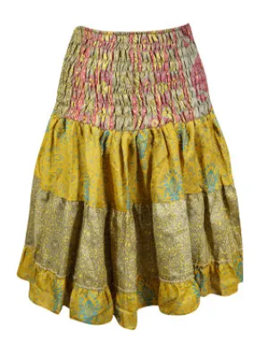 Womens Summer Ruched Skirt, Goldenrod Yellow  Beach Recycle Silk Skirts S/M