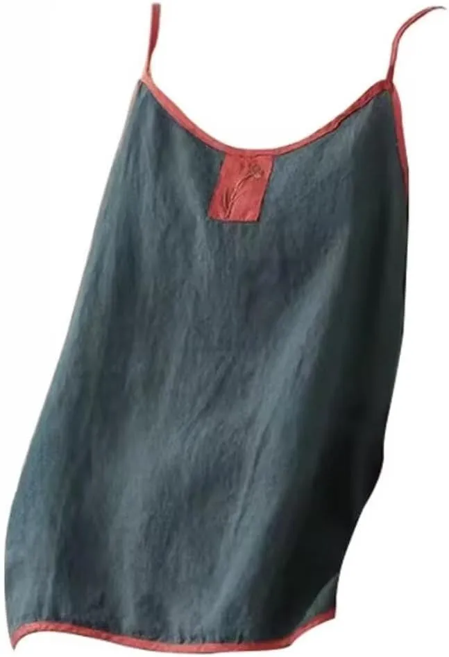 Women's Vintage Contrast Sleeveless Embroidered Camisole in Linen Cotton Blend for Autumn Retro Style