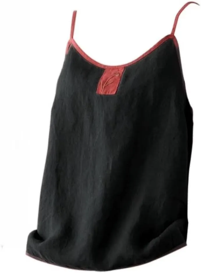 Women's Vintage Contrast Sleeveless Embroidered Camisole in Linen Cotton Blend for Autumn Retro Style