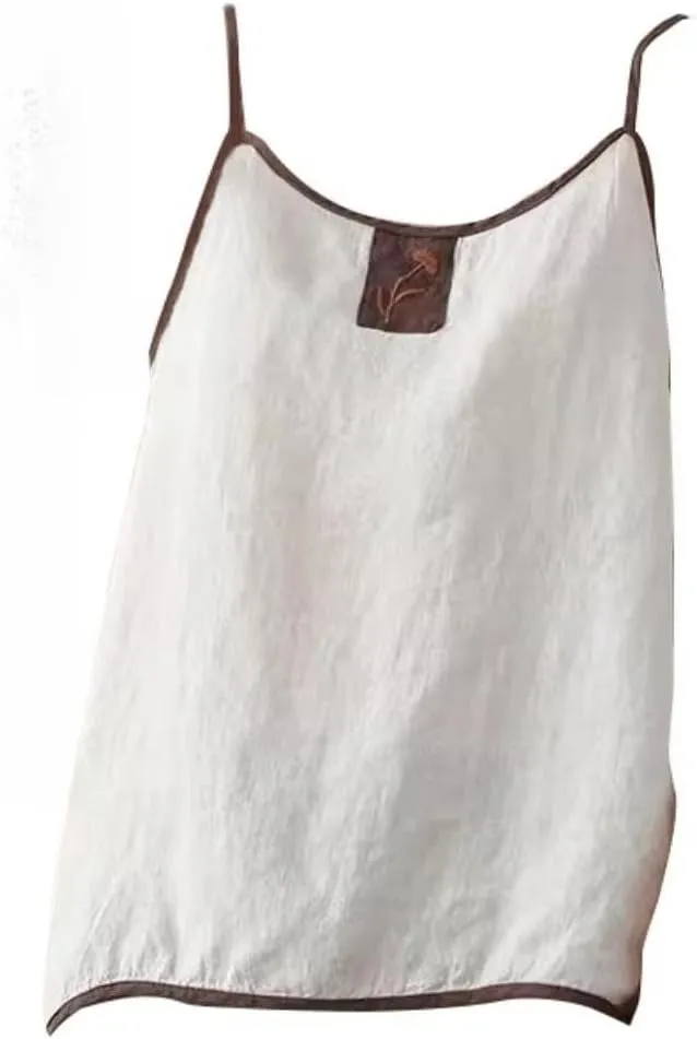 Women's Vintage Contrast Sleeveless Embroidered Camisole in Linen Cotton Blend for Autumn Retro Style