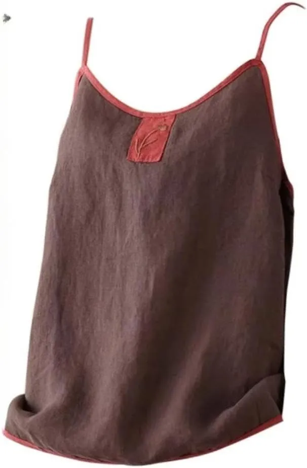Women's Vintage Contrast Sleeveless Embroidered Camisole in Linen Cotton Blend for Autumn Retro Style