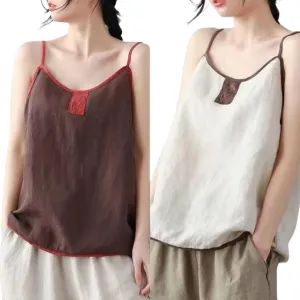 Women's Vintage Contrast Sleeveless Embroidered Camisole in Linen Cotton Blend for Autumn Retro Style